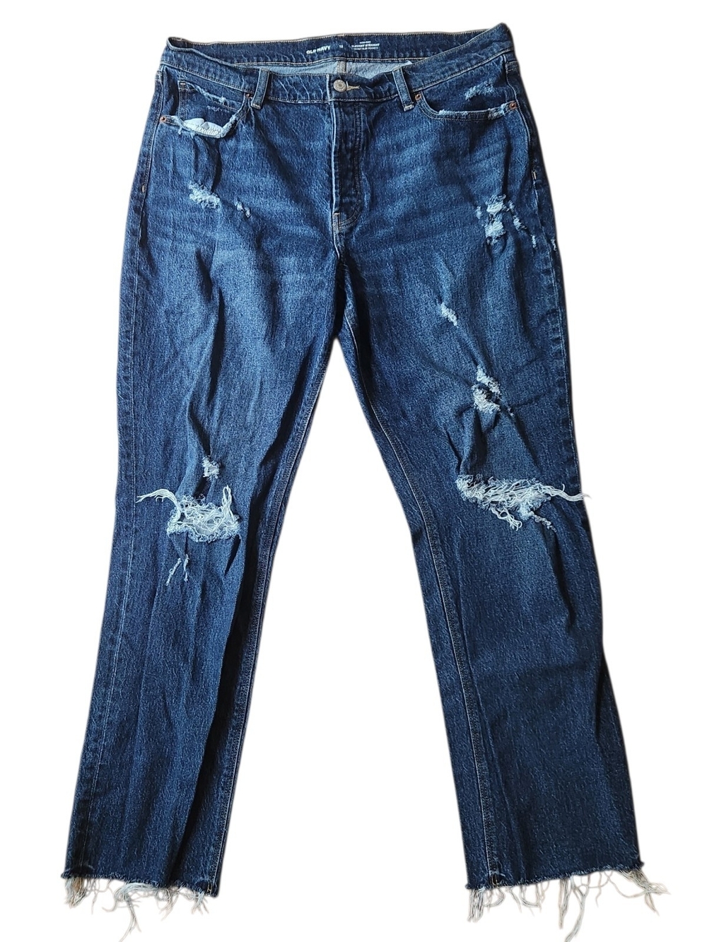 Old Navy Dark Blue High-Rise Distressed Slouchy Straight Jeans